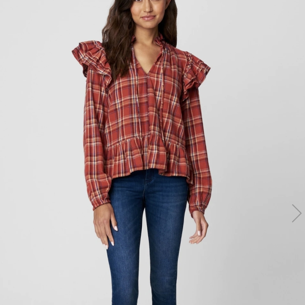 BLANK NYC Plaid Key hole Ruffle Detail Plaid Shirt Size Small NEW WITH TAGS